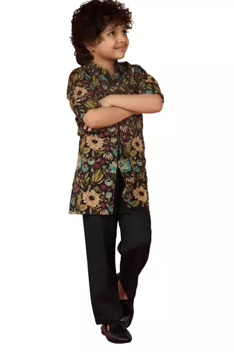  black cotton floral print kurta pyjama set - navratri special