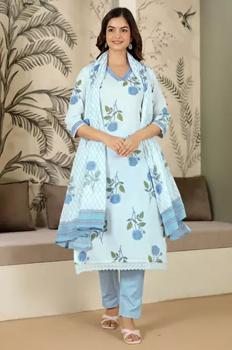 women's pure cotton floral printed kurta pant with dupatta set