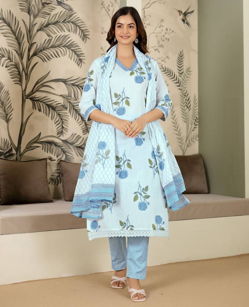 women's pure cotton floral printed kurta pant with dupatta set