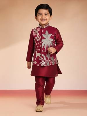 maroon silk blend embroidered nehru jacket set - diwali collection 1