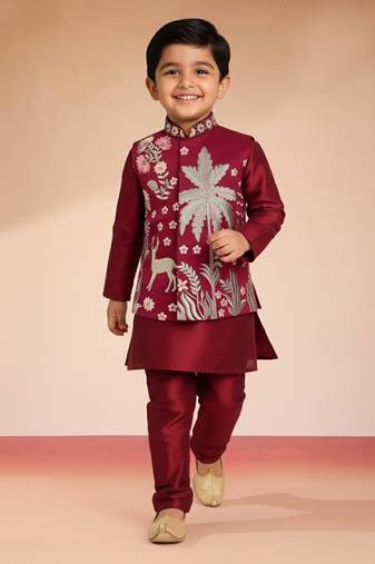  maroon silk blend embroidered nehru jacket set - diwali collection