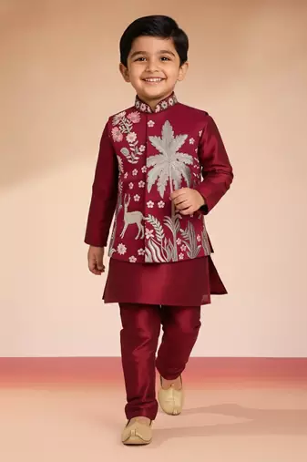  maroon silk blend embroidered nehru jacket set - diwali collection