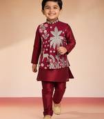  maroon silk blend embroidered nehru jacket set - diwali collection