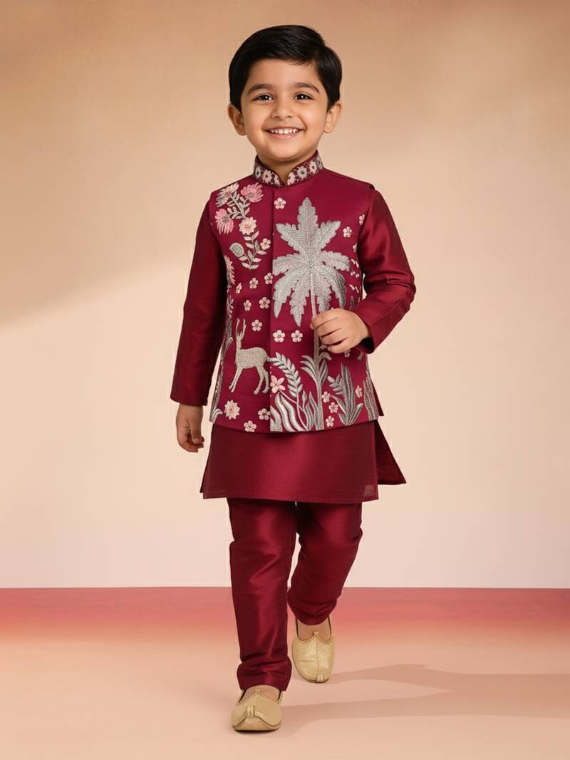  maroon silk blend embroidered nehru jacket set - diwali collection