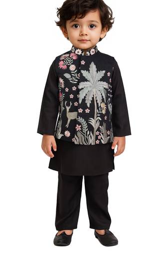 boys black silk blend embroidered nehru jacket set - diwali collection