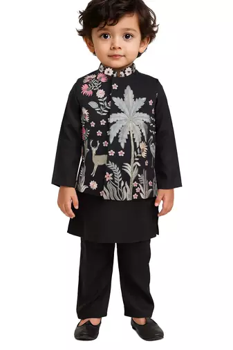 boys black silk blend embroidered nehru jacket set - diwali collection