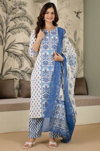 women's pure cotton floral printed kurta pant with dupatta set