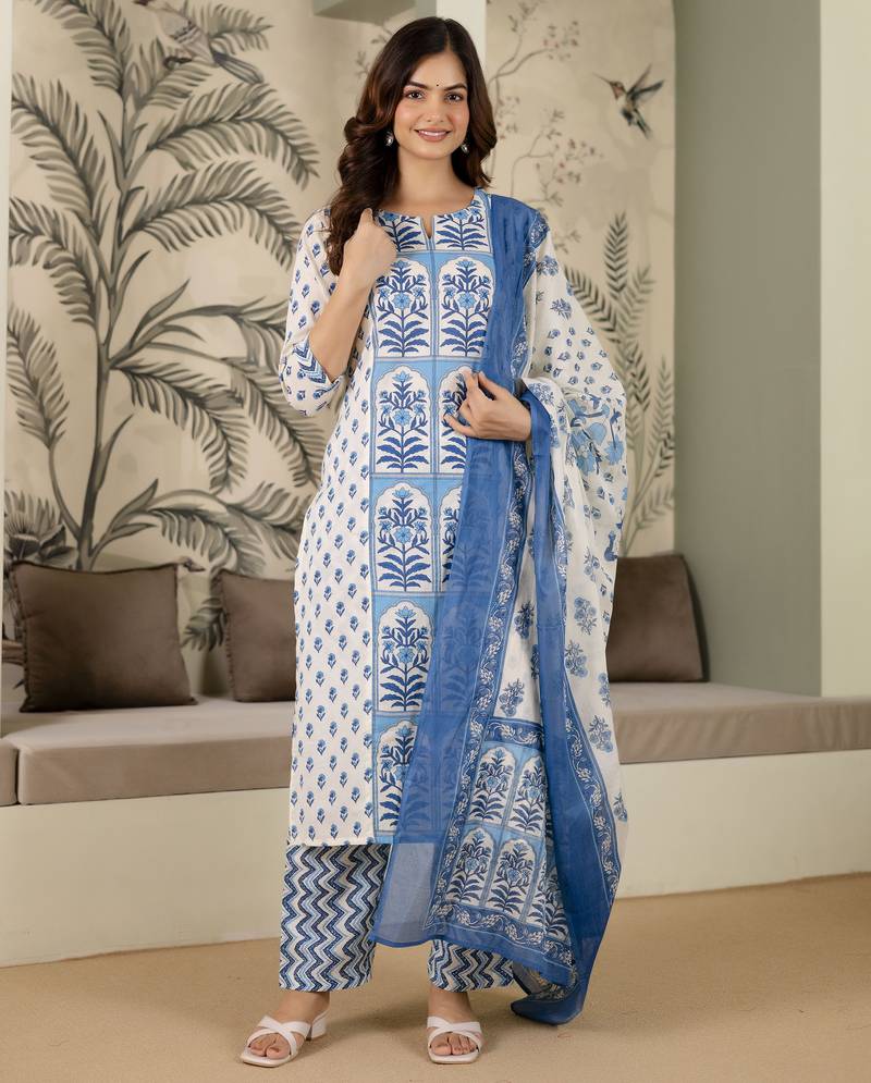 women's pure cotton floral printed kurta pant with dupatta set