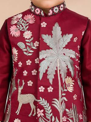  maroon silk blend embroidered nehru jacket set - diwali collection 2