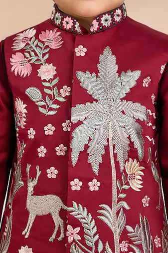  maroon silk blend embroidered nehru jacket set - diwali collection