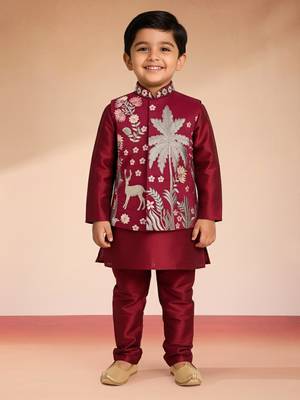  maroon silk blend embroidered nehru jacket set - diwali collection 3