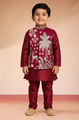  maroon silk blend embroidered nehru jacket set - diwali collection