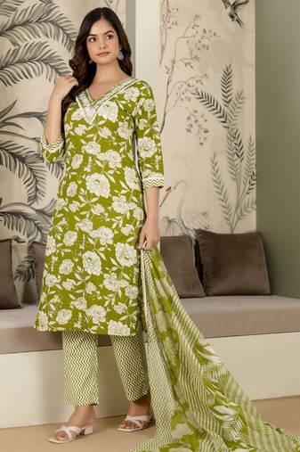 women's pure cotton embroidery work printed kurta pant with dupatta set