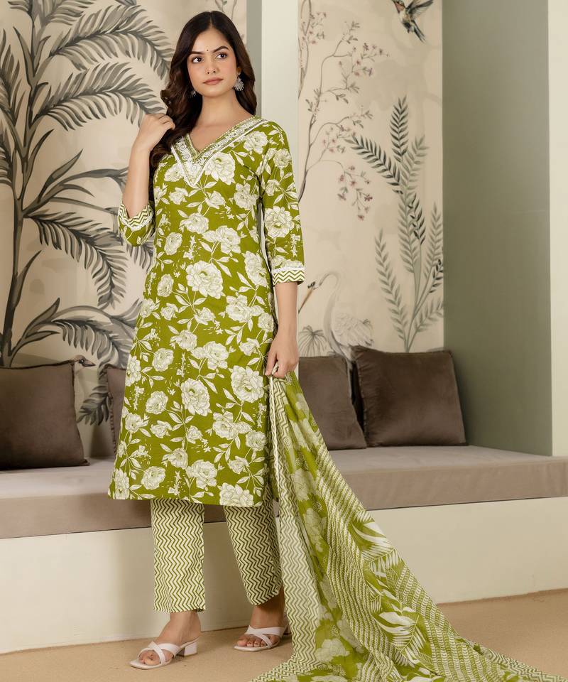 women's pure cotton embroidery work printed kurta pant with dupatta set