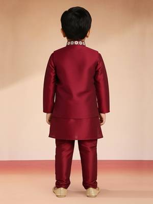  maroon silk blend embroidered nehru jacket set - diwali collection 4