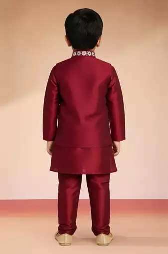  maroon silk blend embroidered nehru jacket set - diwali collection