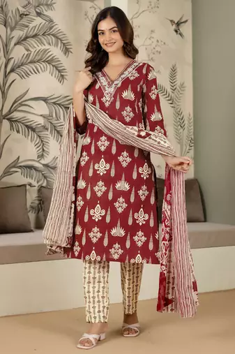 women's pure cotton embroidery work printed kurta pant with dupatta set