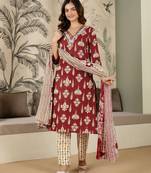 women's pure cotton embroidery work printed kurta pant with dupatta set