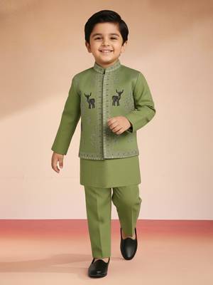  Pista Green silk blend embroidered nehru jacket set with stone work 1