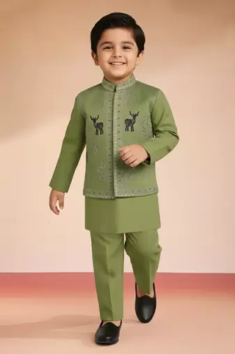  Pista Green silk blend embroidered nehru jacket set with stone work