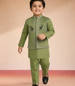  Pista Green silk blend embroidered nehru jacket set with stone work