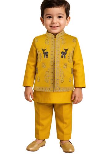 boys mustard silk blend embroidered nehru jacket set with stone work