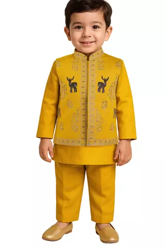 boys mustard silk blend embroidered nehru jacket set with stone work