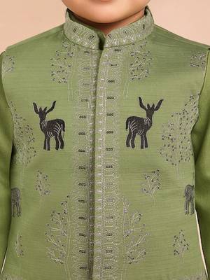  Pista Green silk blend embroidered nehru jacket set with stone work 2