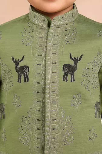  Pista Green silk blend embroidered nehru jacket set with stone work