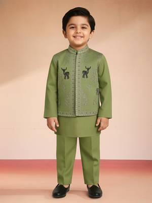  Pista Green silk blend embroidered nehru jacket set with stone work 3