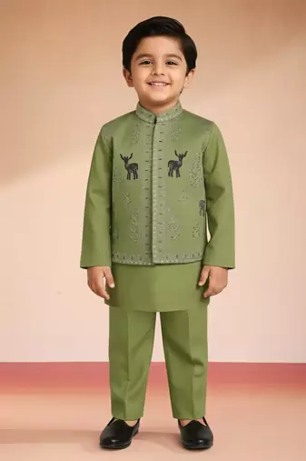  Pista Green silk blend embroidered nehru jacket set with stone work