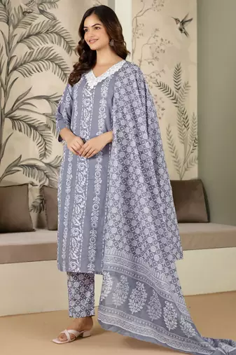 women's pure cotton floral printed kurta pant with dupatta set