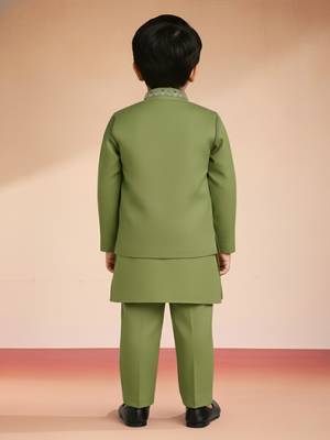  Pista Green silk blend embroidered nehru jacket set with stone work 4