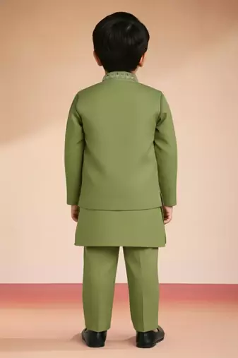  Pista Green silk blend embroidered nehru jacket set with stone work