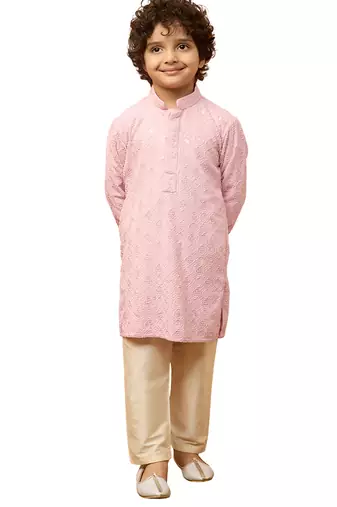 tween boys onion chikankari kurta pajama set - summer festive wear