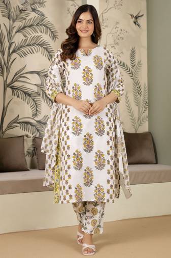 women's pure cotton floral printed kurta pant with dupatta set