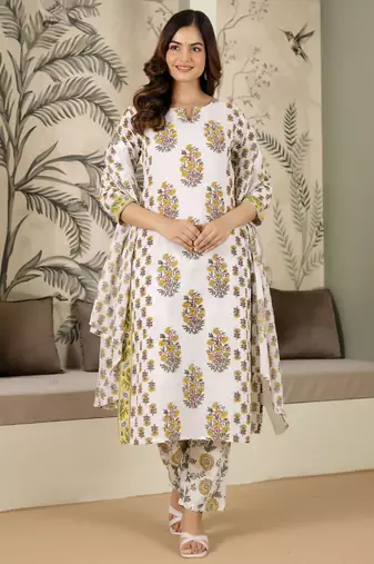 women's pure cotton floral printed kurta pant with dupatta set