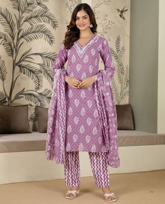 women's pure cotton embroidery work printed kurta pant with dupatta set 1