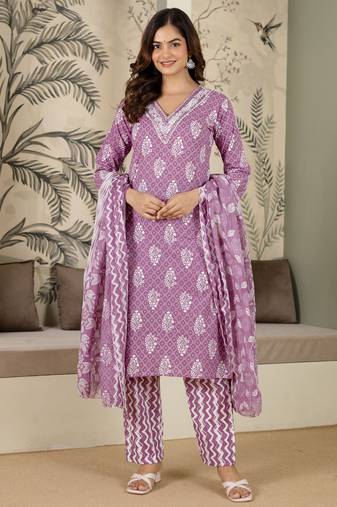 women's pure cotton embroidery work printed kurta pant with dupatta set