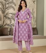 women's pure cotton embroidery work printed kurta pant with dupatta set