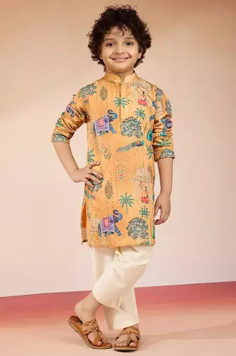  yellow sequin kurta pajama set - digital print navratri festive wear