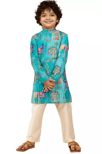 boys blue sequin kurta pajama set - digital print navratri festive wear