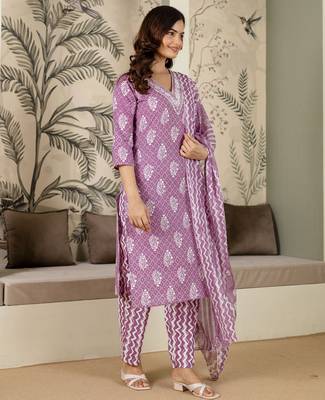 women's pure cotton embroidery work printed kurta pant with dupatta set 3