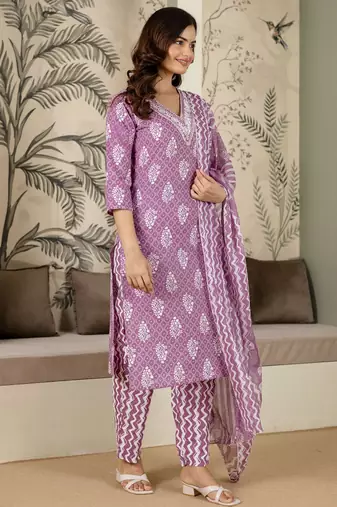 Trendmalls women's pure cotton embroidery work printed kurta pant with dupatta set