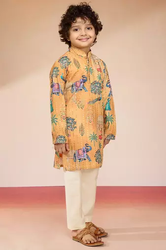  yellow sequin kurta pajama set - digital print navratri festive wear