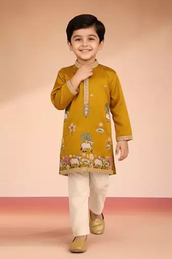 boys mustard silk kurta pajama set