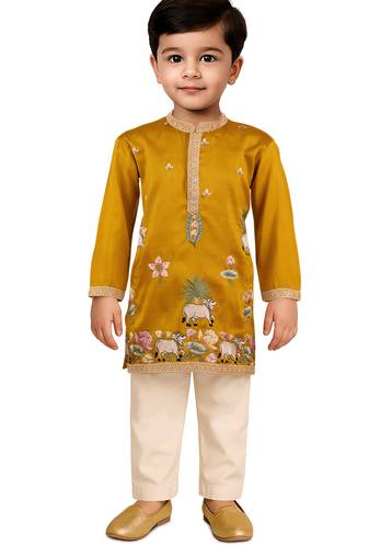 boys mustard silk kurta pajama set - thread embroidery navratri festive