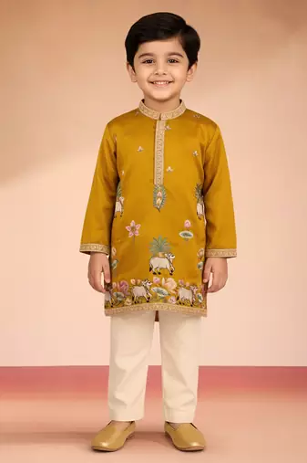 boys mustard silk kurta pajama set