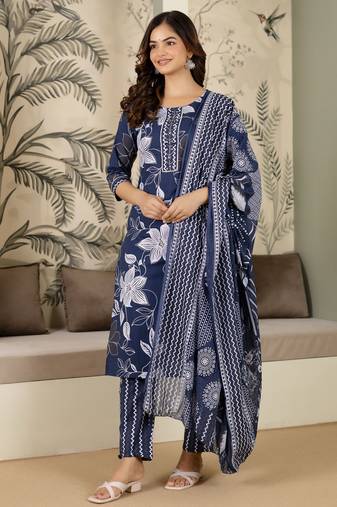 women's pure cotton embroidery work printed kurta pant with dupatta set