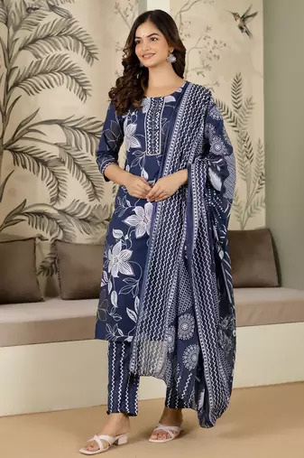 women's pure cotton embroidery work printed kurta pant with dupatta set
